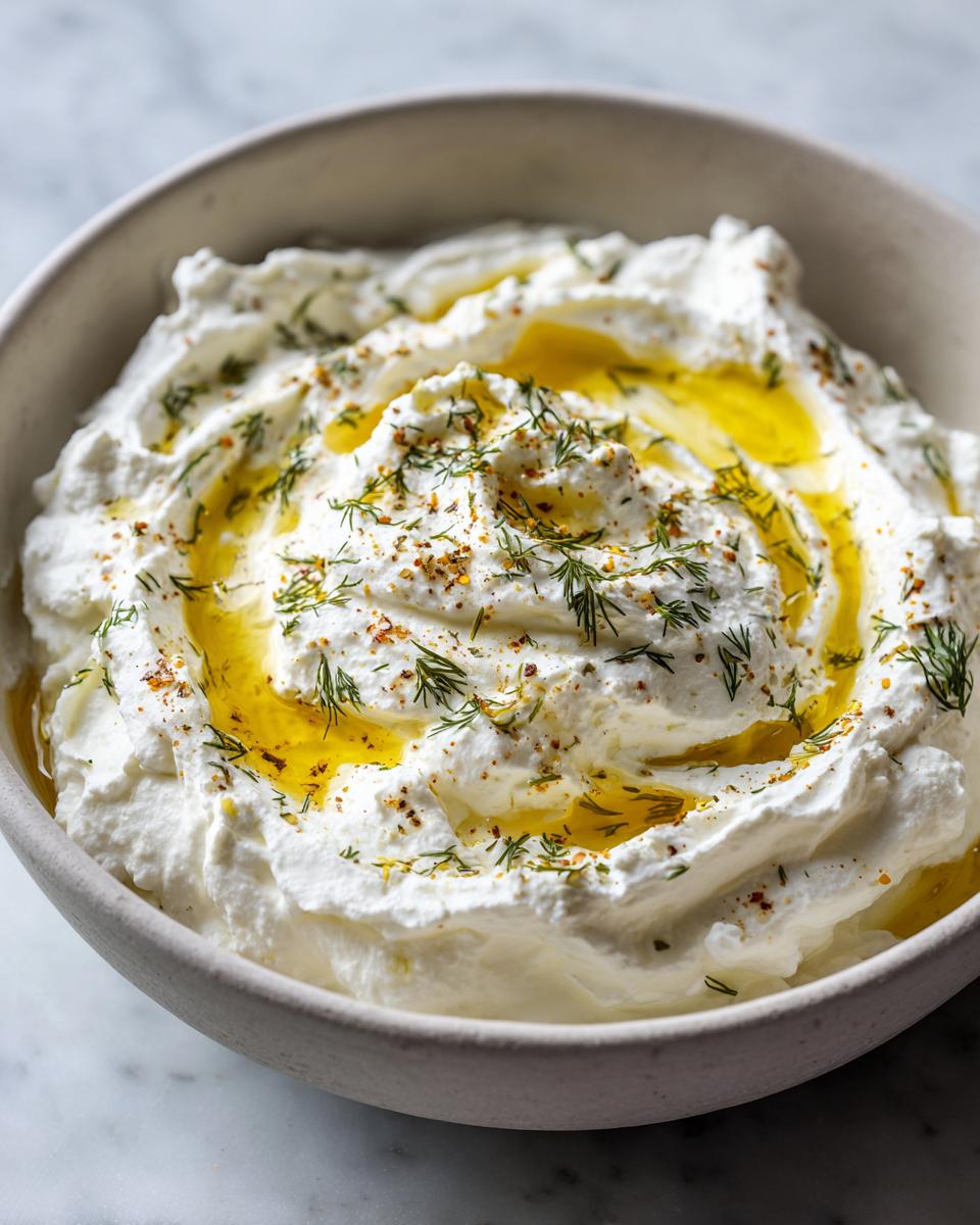 Close-up of creamy whipped feta dip swirled in a bowl, drizzled with olive oil and sprinkled with dill.