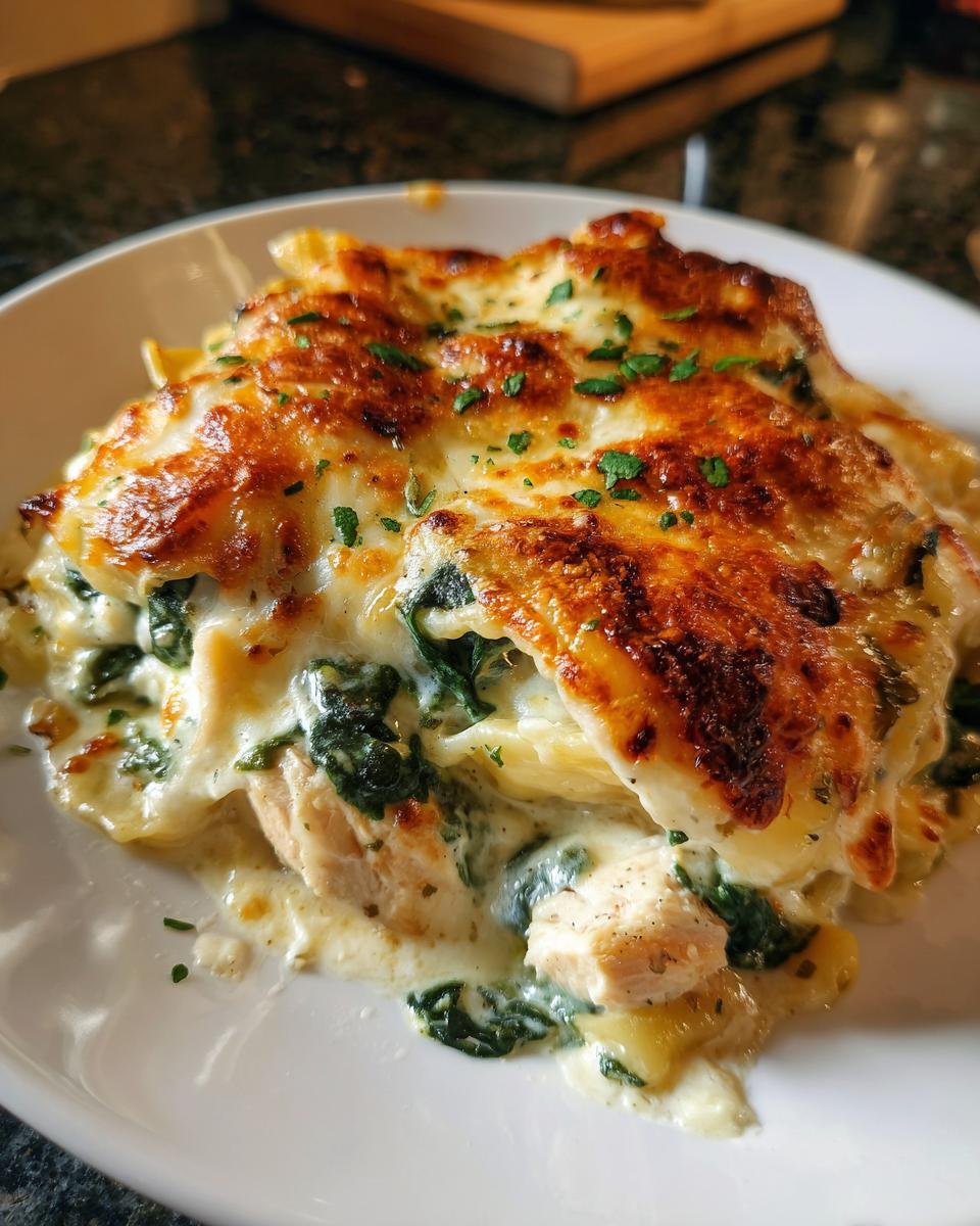 Close-up of a serving of white chicken lasagna soup topped with browned, melted cheese and parsley.
