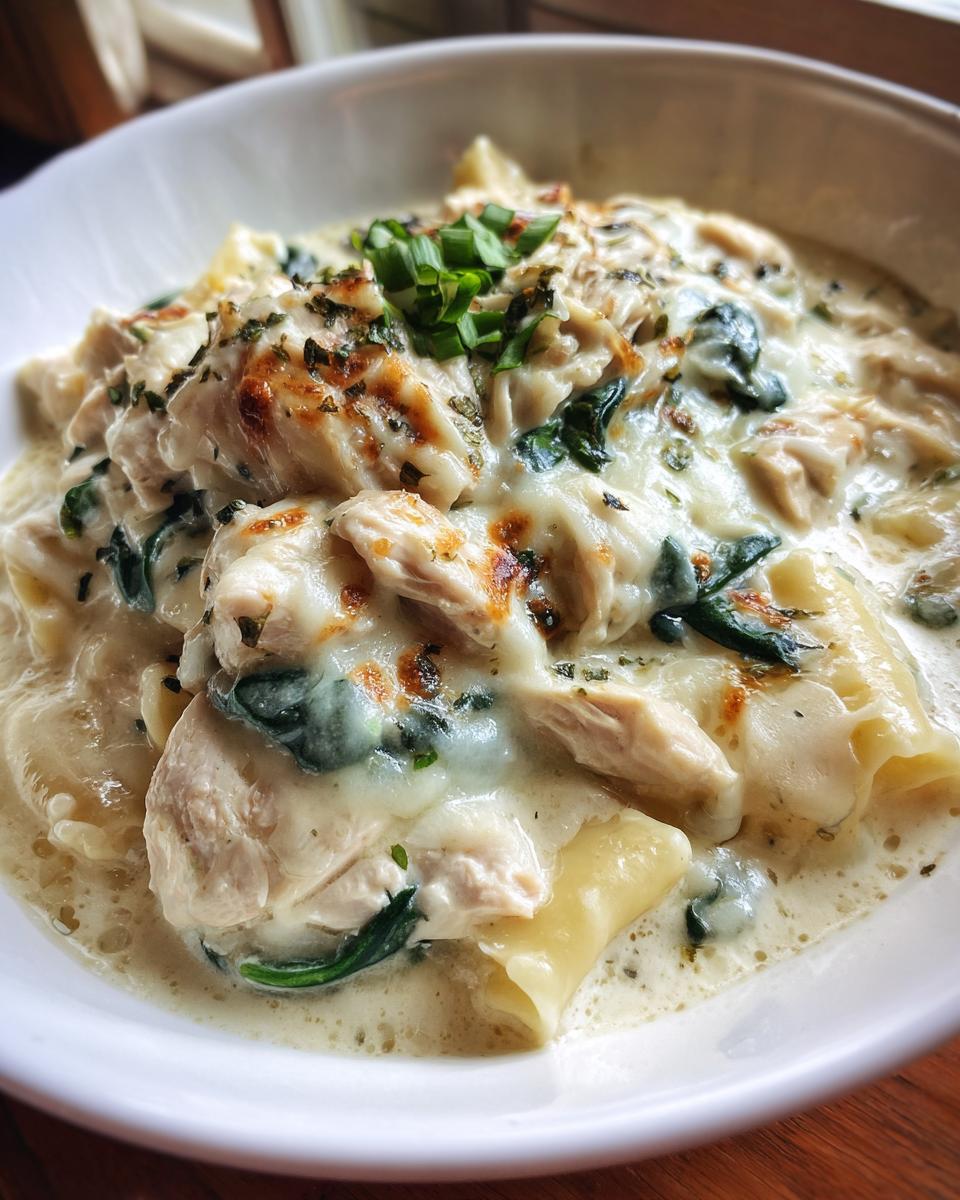 Close-up of a bowl of white chicken lasagna soup with shredded chicken, spinach, and melted cheese.