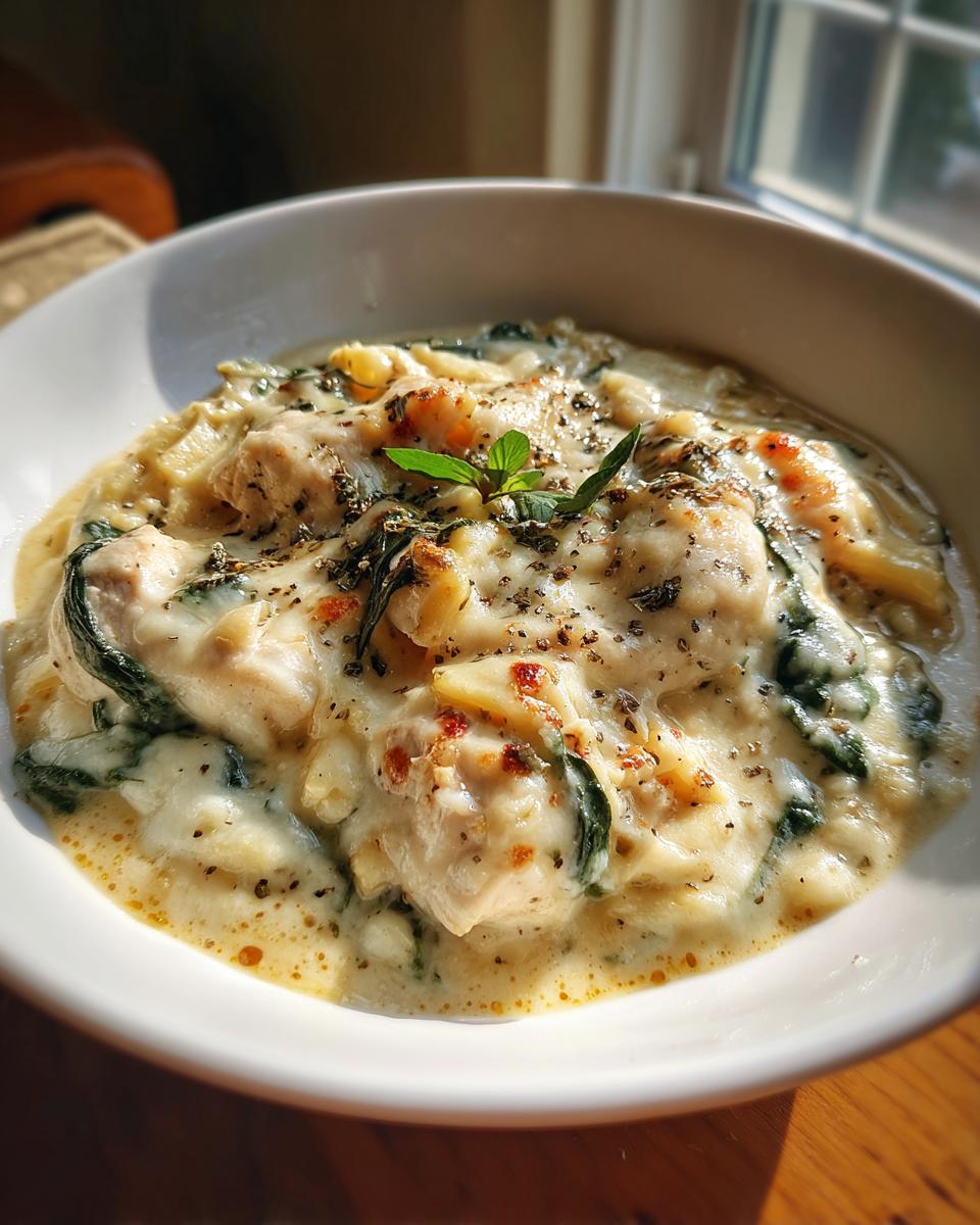 Close-up of a bowl of creamy white chicken lasagna soup with spinach and herbs.