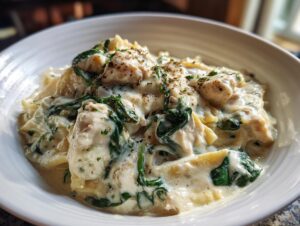 A close-up of creamy white chicken lasagna soup with spinach and pasta pieces, garnished with herbs.