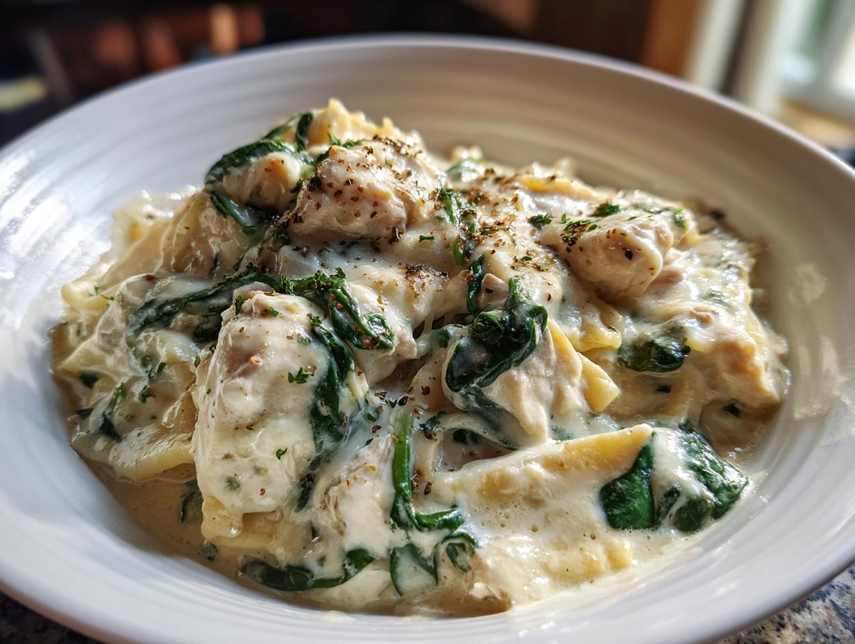 A close-up of creamy white chicken lasagna soup with spinach and pasta pieces, garnished with herbs.