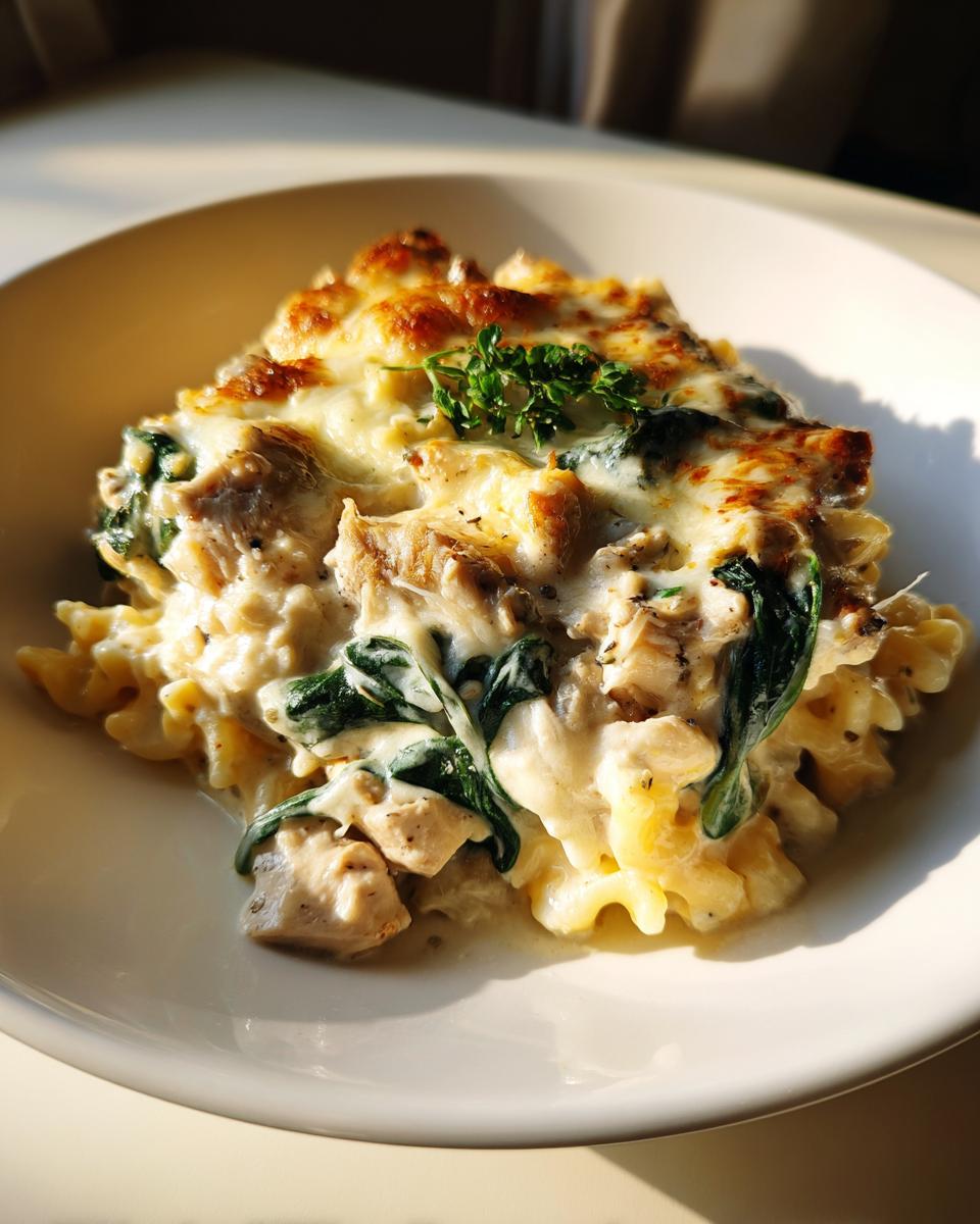 A close-up of a serving of white chicken lasagna soup, featuring pasta, chicken chunks, spinach, and melted, browned cheese.