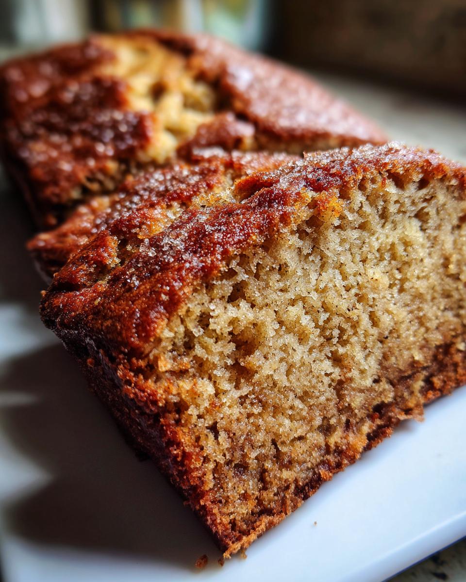 Close-up view of a moist slice of zucchini banana bread with a sugary, dark brown crust.
