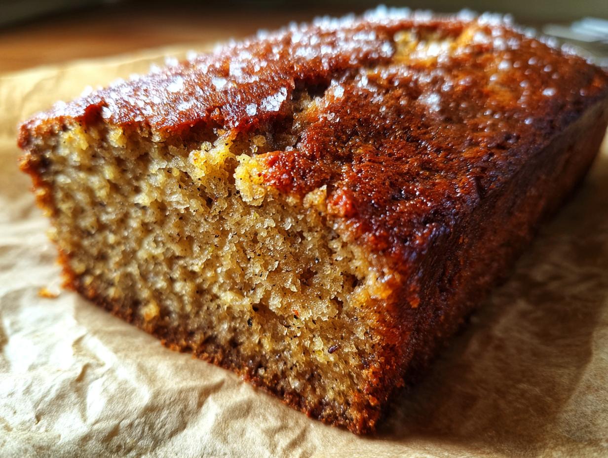 Close-up of a slice of moist zucchini banana bread with a sparkling, coarse sugar topping.