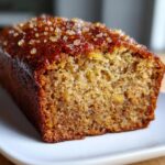 Close-up of a slice of moist zucchini banana bread topped with coarse sugar crystals.