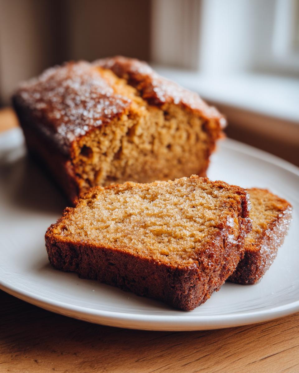 Two slices of moist zucchini banana bread topped with coarse sugar crystals, resting on a white plate.