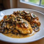Two golden-brown chicken breasts smothered in a rich mushroom sauce, the perfect chicken marsala.