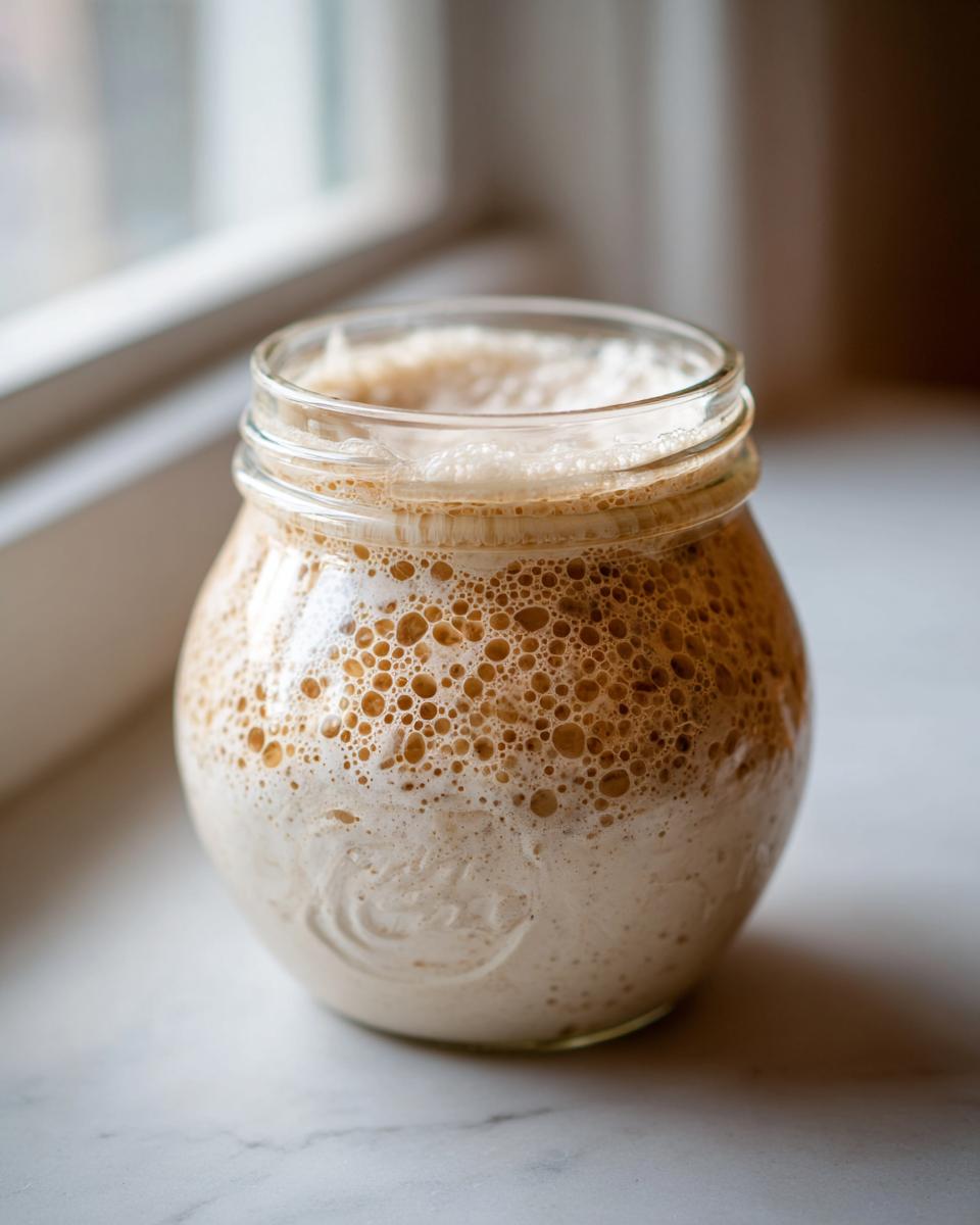 A highly active sourdough starter showing significant bubbling and foam development inside a clear glass jar.