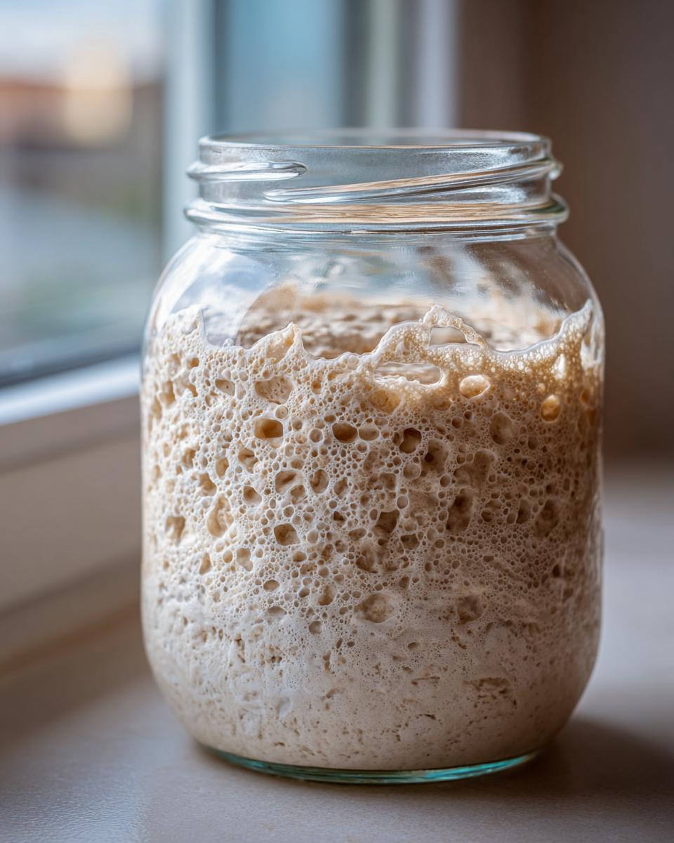 Close-up of a very active sourdough starter, full of bubbles and foam, resting in a glass jar by a window.