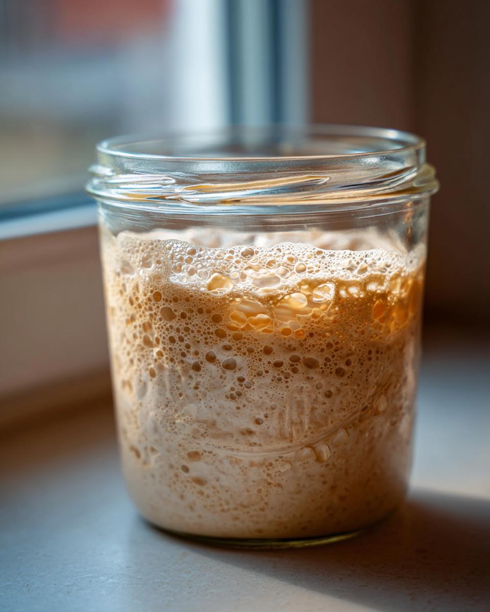 A highly active sourdough starter showing significant bubbling and rise inside a clear glass jar near a window.