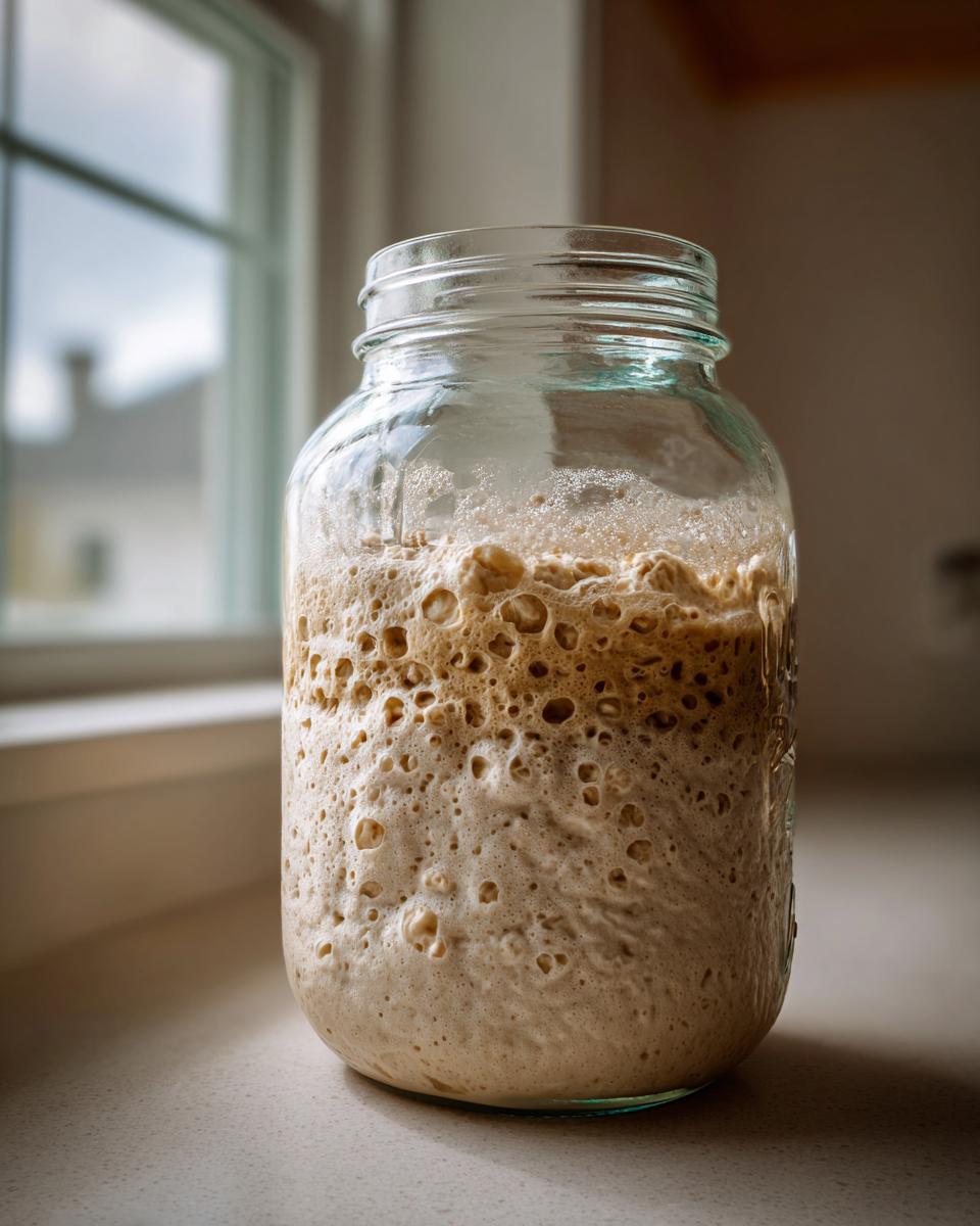 A highly active sourdough starter, full of bubbles and foam, sits in a clear glass jar near a window.