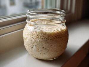 A vigorously bubbling and active sourdough starter in a clear glass jar sitting on a windowsill.