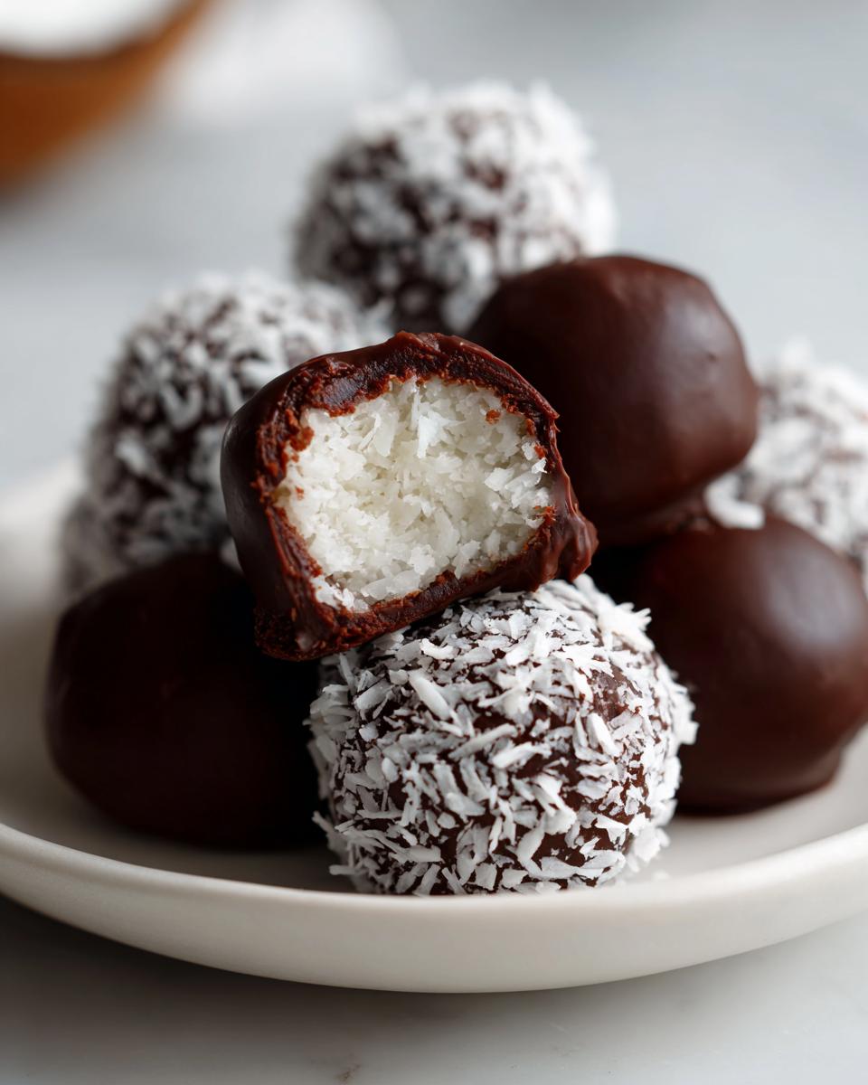A pile of homemade almond joy truffles, some dipped in chocolate and others rolled in shredded coconut, with one cut open showing the white coconut center.