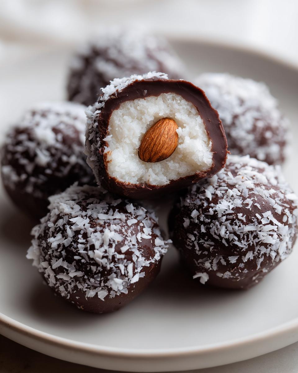 Close-up of several chocolate-covered almond joy truffles, one cut open revealing coconut filling and a whole almond inside.