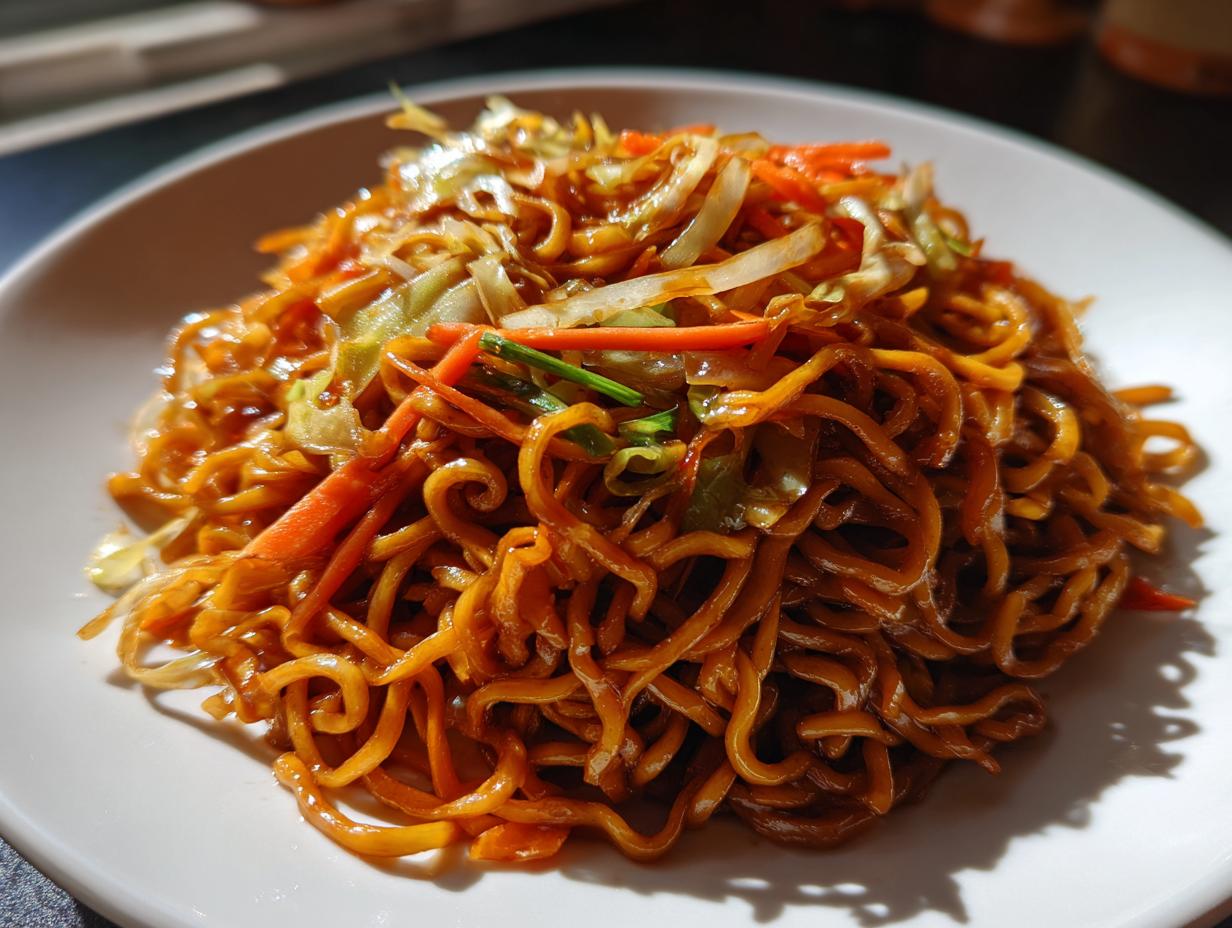 A close-up, overhead shot of a serving of glossy, dark brown fried noodles mixed with shredded cabbage and carrots on a white plate.