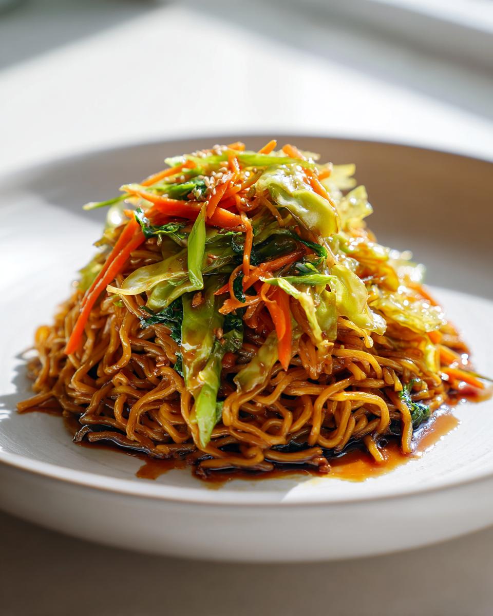 A mound of glossy, dark brown fried noodles topped with stir-fried cabbage and julienned carrots, sprinkled with sesame seeds.