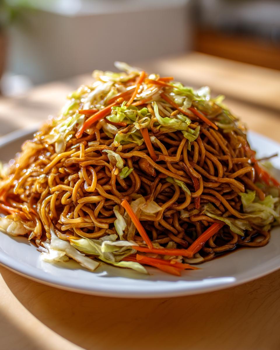 A large mound of glossy brown fried noodles topped with shredded cabbage and julienned carrots.