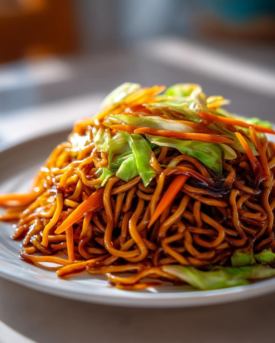 A close-up shot of a mound of glossy, dark brown fried noodles topped with bright green cabbage and orange shredded carrots.