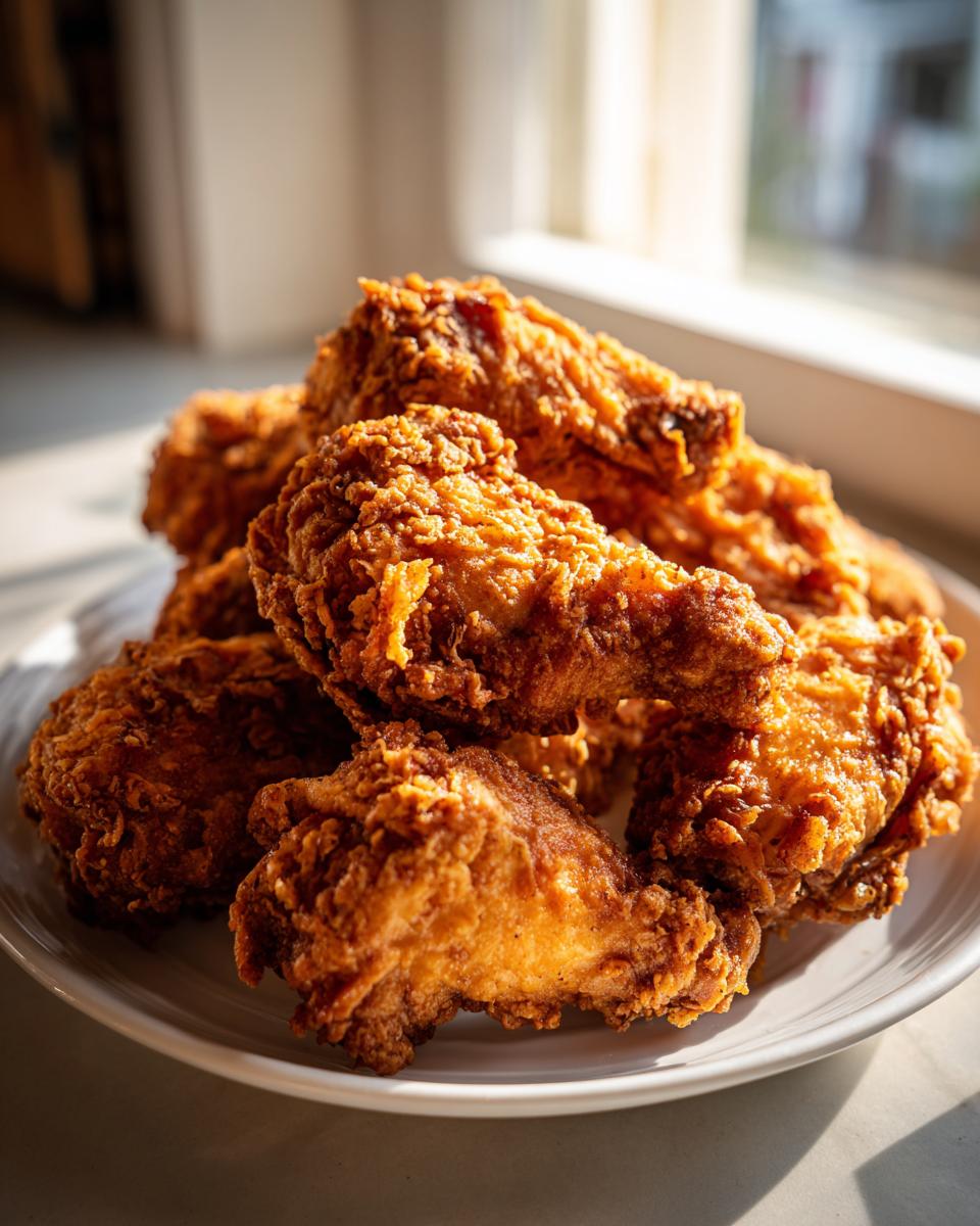 A close-up of a plate piled high with golden brown, crispy fried chicken wings, perfectly cooked.