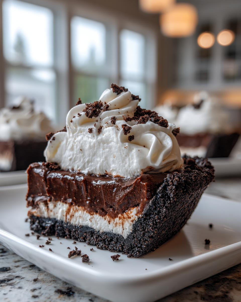 Close-up of a slice of rich chocolate mud pie with layers of cream, chocolate filling, and whipped topping.