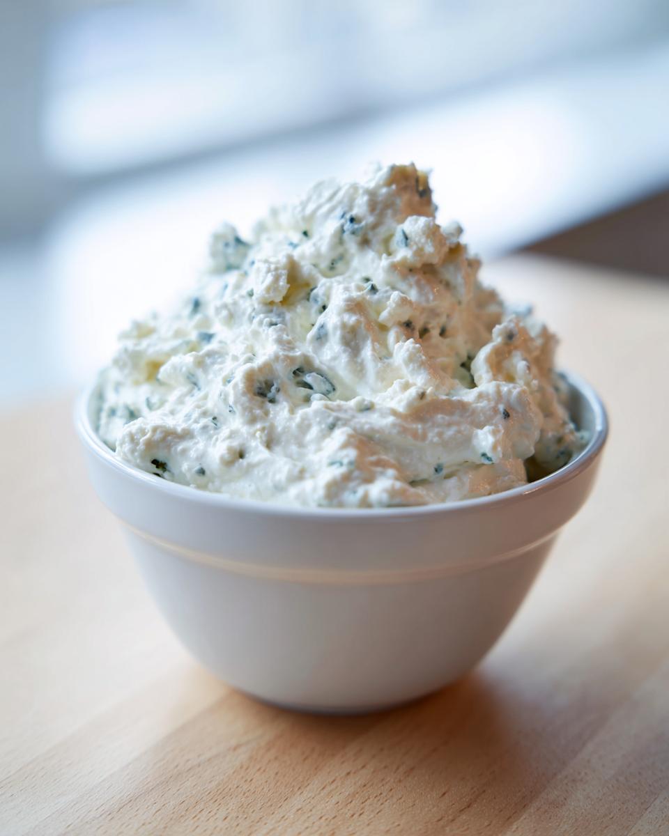 A generous mound of creamy, white blue cheese dip with visible blue specks, served in a white bowl.