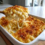 A spoonful of creamy baked mac and cheese showing long cheese pulls over a white casserole dish.
