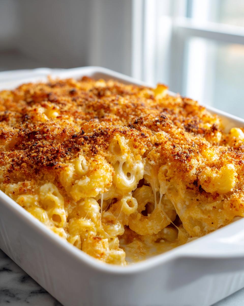 Close-up of creamy baked mac and cheese with a golden brown, crispy breadcrumb topping being served.