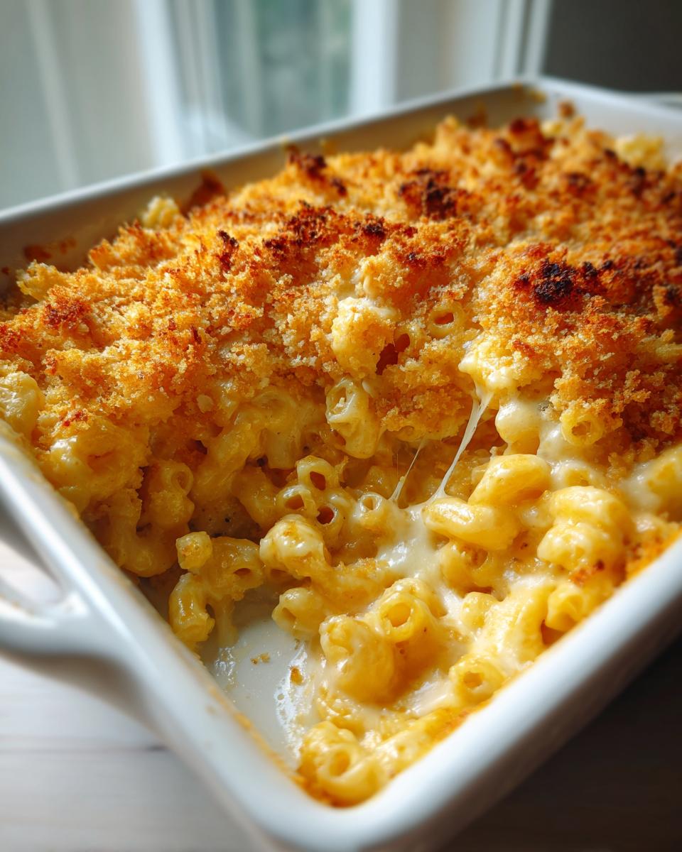 Close-up of creamy baked mac and cheese in a white dish showing a cheesy pull and golden brown breadcrumb topping.