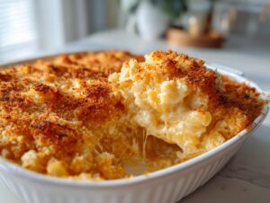 A scoop being lifted from a dish of amazing baked mac and cheese showing gooey, melted cheese stretching between the pasta.