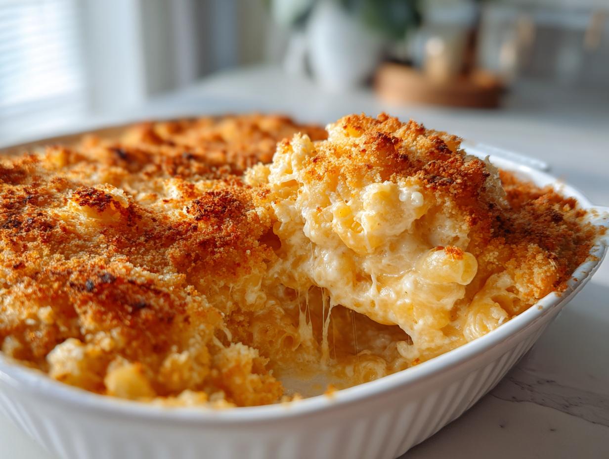 A scoop being lifted from a dish of amazing baked mac and cheese showing gooey, melted cheese stretching between the pasta.