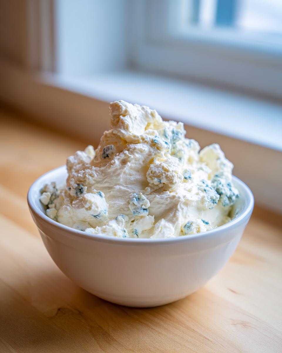 A white bowl overflowing with chunky, creamy blue cheese dip, set on a wooden surface near a window.