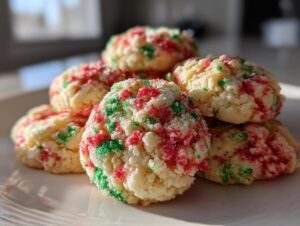A stack of soft, round christmas sprinkle cookies coated in red and green sugar.