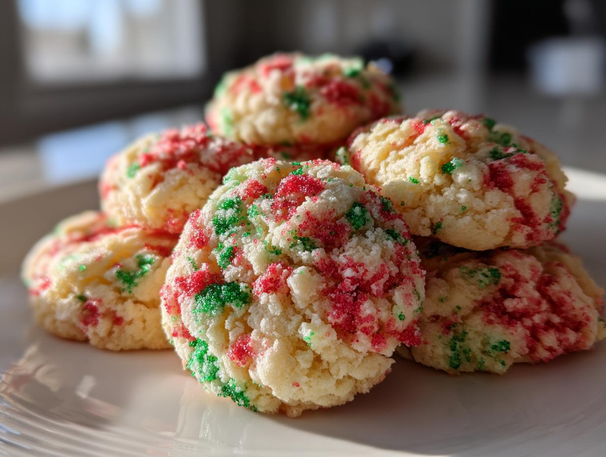 A stack of soft, round christmas sprinkle cookies coated in red and green sugar.