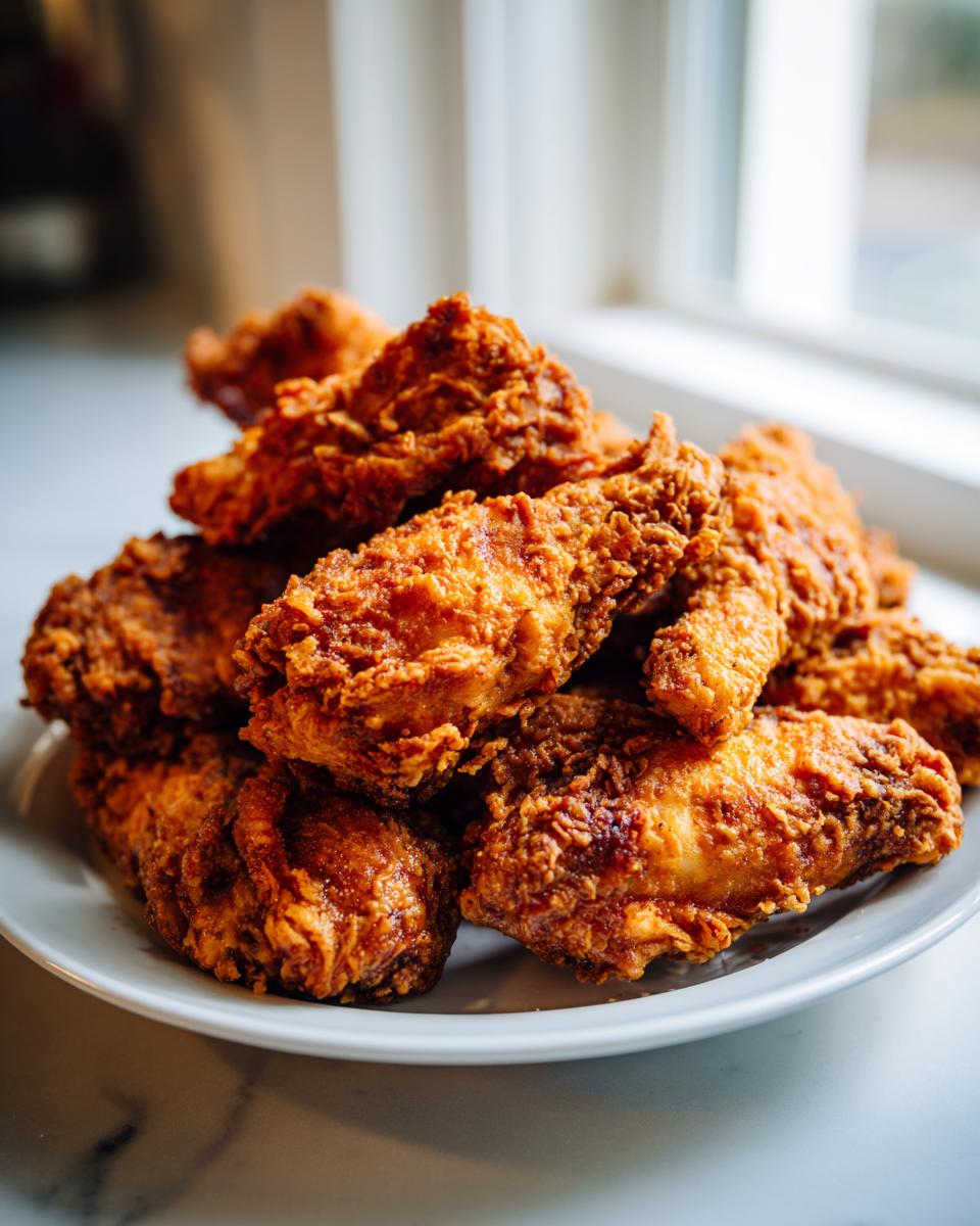 A close-up of a large pile of golden brown, crispy fried chicken wings stacked high on a white plate.