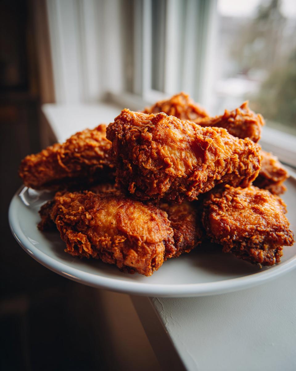 A close-up of several perfectly golden-brown and crispy fried chicken wings piled high on a white plate.