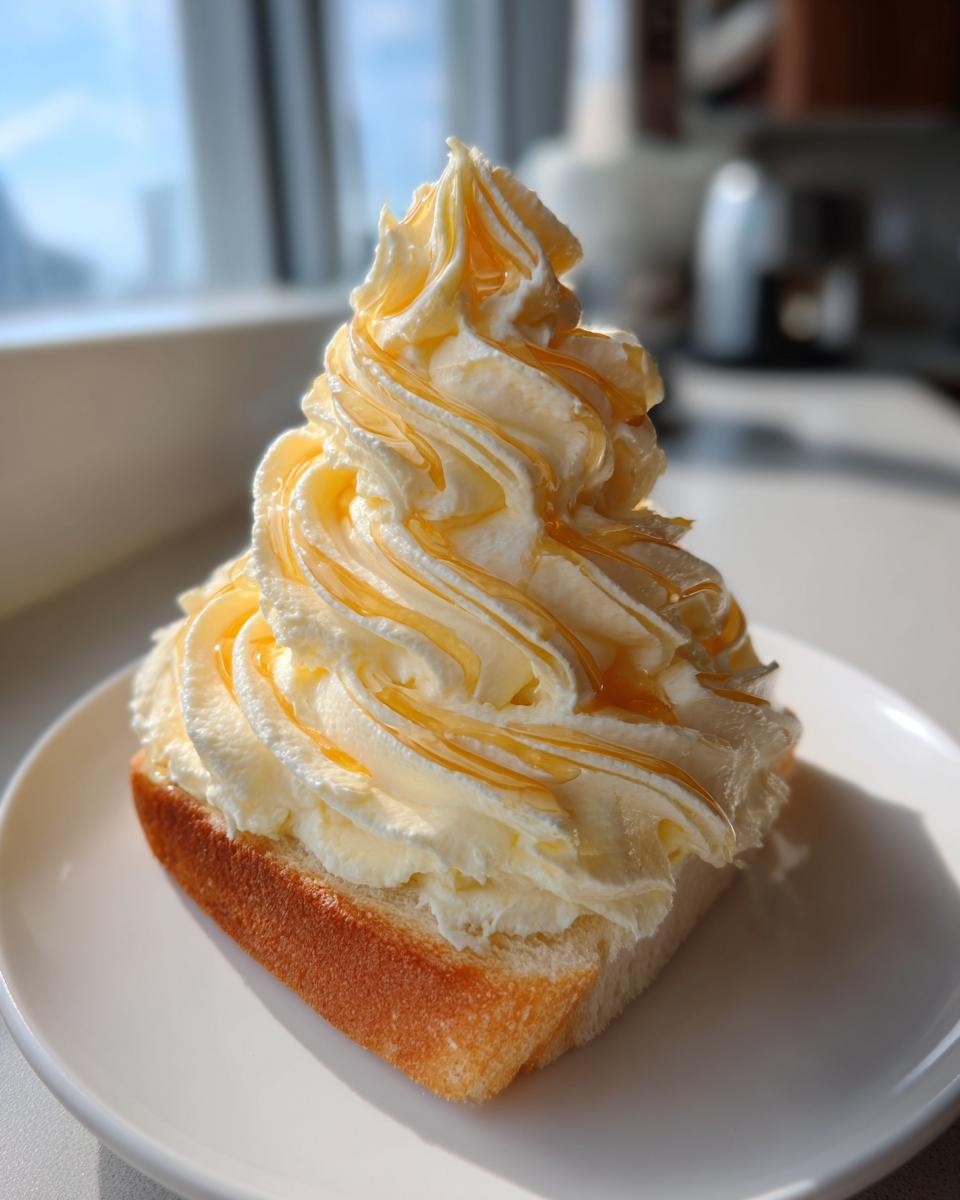 A thick swirl of whipped honey butter drizzled with extra honey, served atop a slice of toasted bread.
