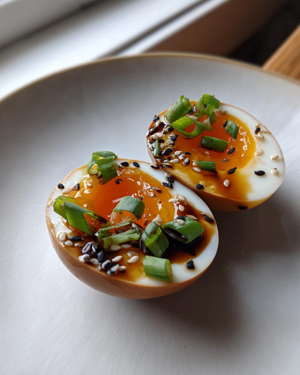 Two halves of soft-boiled marinated eggs with jammy yolks, topped with sesame seeds and green onions.