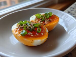 Two halves of soft-boiled marinated eggs, topped with bright orange marinade, sesame seeds, and chopped green onions.
