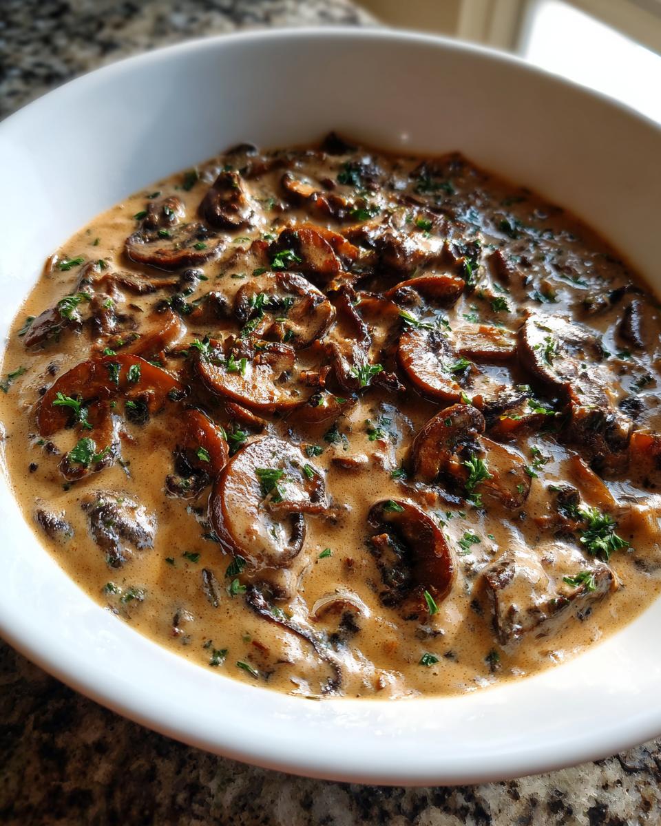 A close-up of rich, creamy mushroom sauce loaded with sliced, browned mushrooms and garnished with fresh parsley.