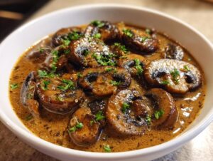 Close-up of sliced, sautéed mushrooms swimming in a rich, brown mushroom sauce, garnished with fresh parsley.