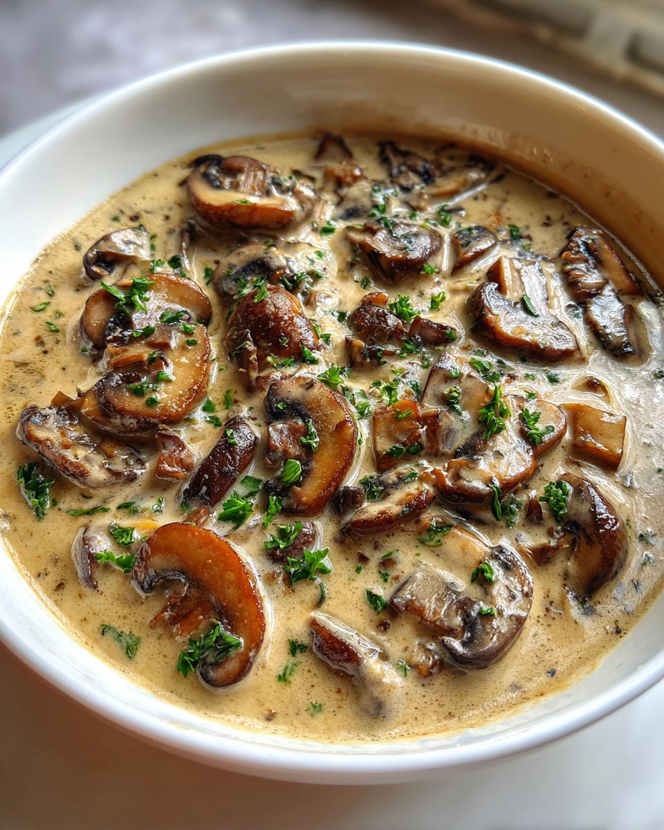 Close-up of rich, creamy mushroom sauce filled with sliced brown mushrooms and topped with fresh parsley.