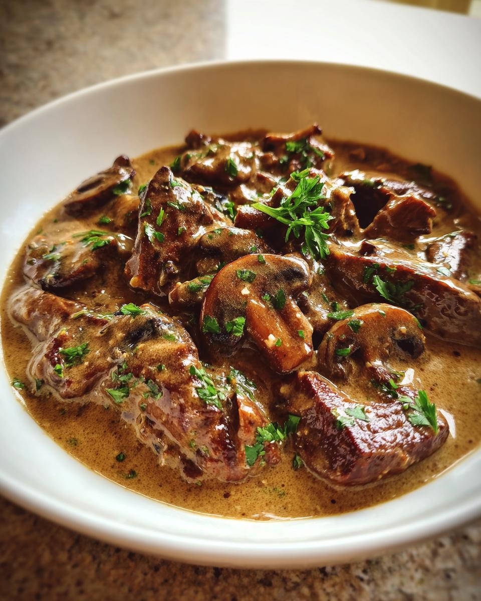 Close-up of tender beef pieces and sliced mushrooms coated in a creamy, brown mushroom sauce, garnished with parsley.
