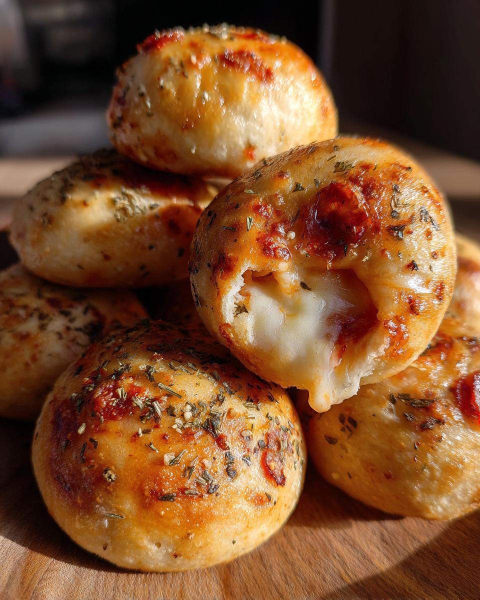 Close-up of a stack of golden brown pizza bites, one broken open showing melted mozzarella cheese.