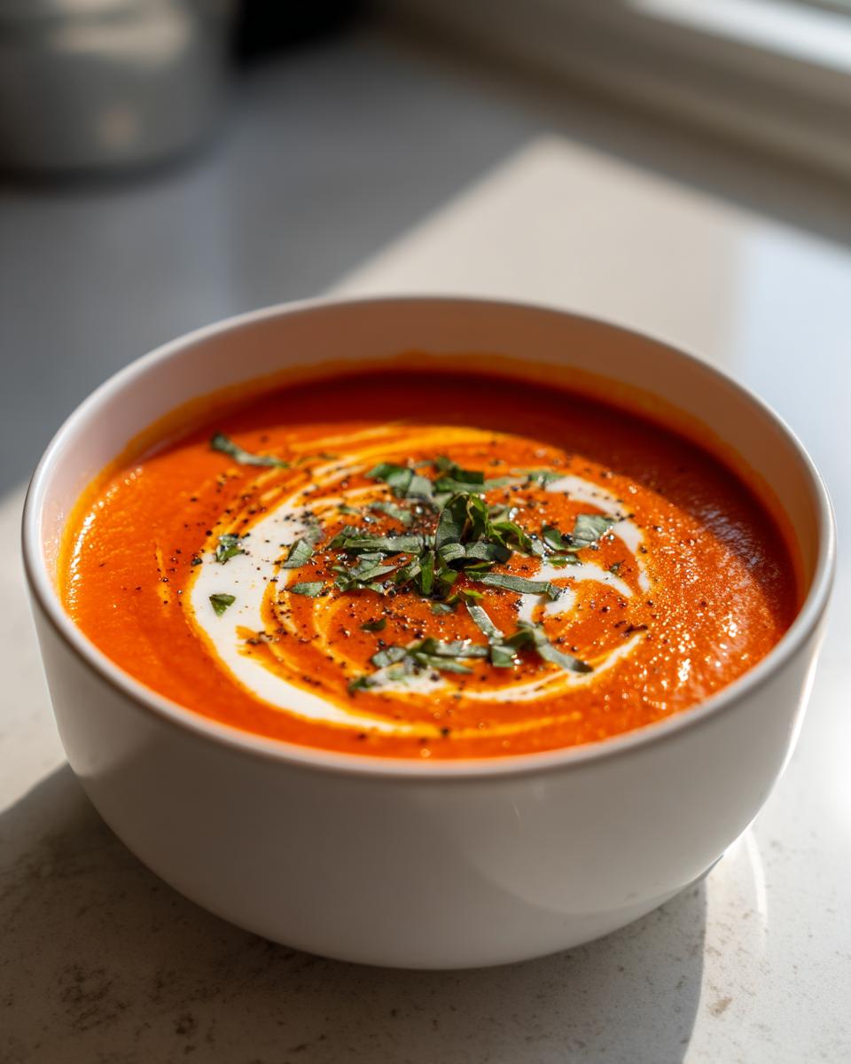 Close-up of a bowl of vibrant roasted tomato soup, garnished with a cream swirl, fresh basil, and black pepper.