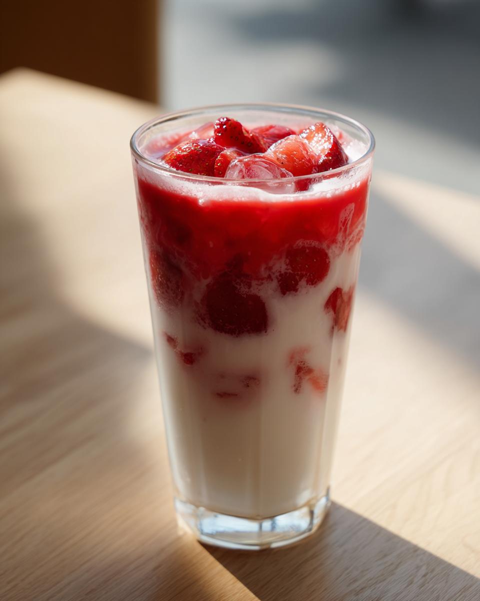 Close-up of a tall glass layered with milk and bright red strawberry puree and chunks, making amazing strawberry milk.