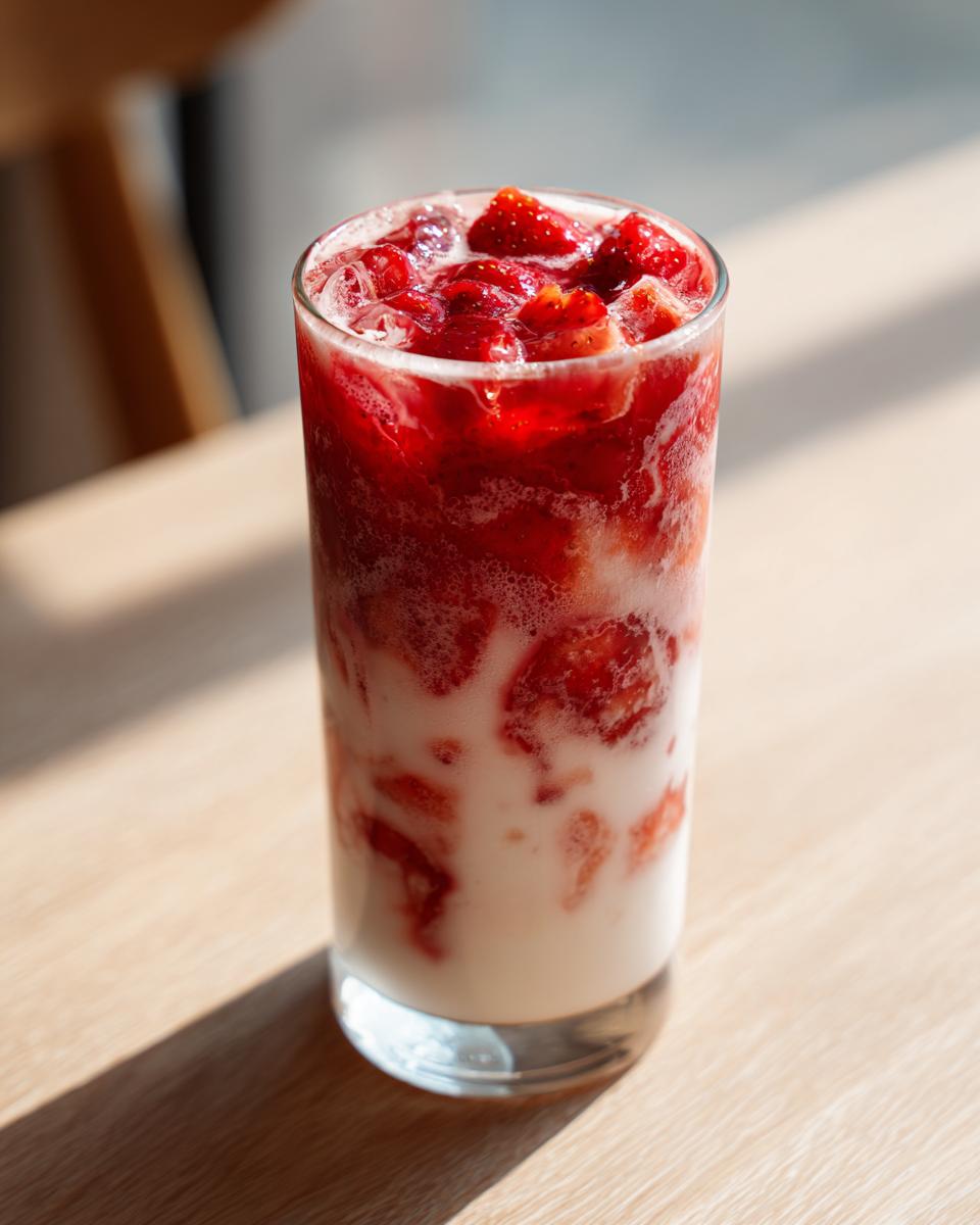 Tall glass filled with layered strawberry milk, featuring crushed strawberries and ice mixing with white milk.