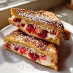 Two halves of golden brown stuffed french toast overflowing with cream cheese filling and fresh strawberries, dusted with powdered sugar.