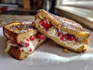Two halves of golden brown stuffed French toast filled with cream cheese and sliced strawberries, dusted with powdered sugar.