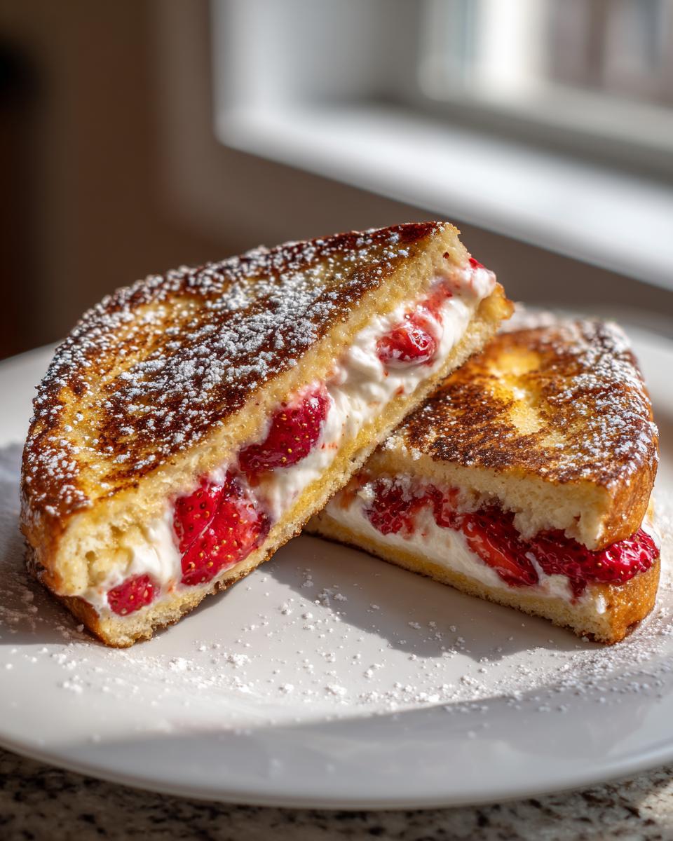 Two halves of golden brown stuffed french toast filled with cream cheese and fresh strawberries, dusted with powdered sugar.